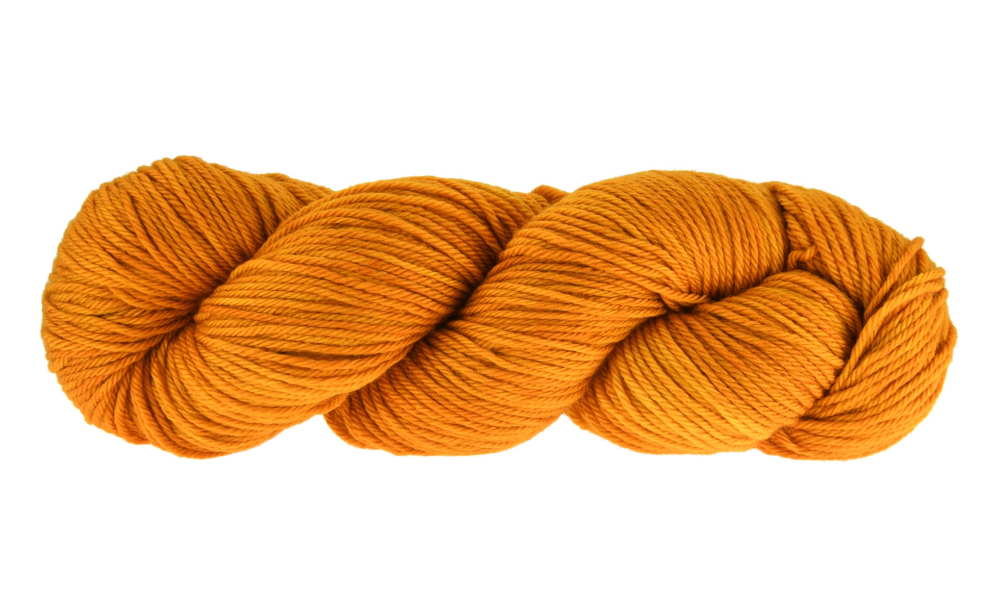 A twisted skein of Barn Yarn hand-dyed merino-cashmere-nylon yarn in colorway Golden Era, a radiant golden yellow shade, perfect for warm and luxurious knitting and crochet projects.