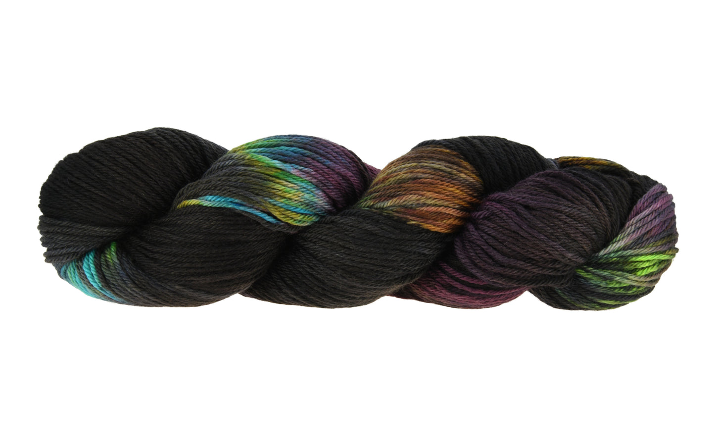 A twisted skein of Barn Yarn hand-dyed merino-cashmere-nylon yarn in colorway Imperial Pumpkin - a black base layered with pumpkin orange, plum, blue, gray, green, and warm browns. Perfect for knitting and crochet projects.