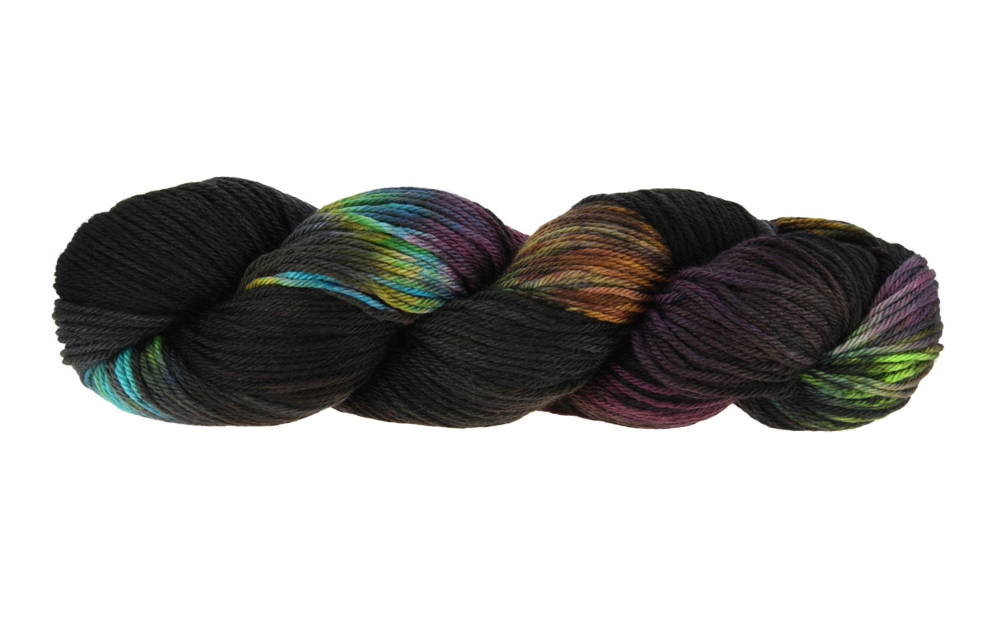 A twisted skein of Barn Yarn hand-dyed merino-cashmere-nylon yarn in colorway Imperial Pumpkin - a black base layered with pumpkin orange, plum, blue, gray, green, and warm browns. Perfect for knitting and crochet projects.