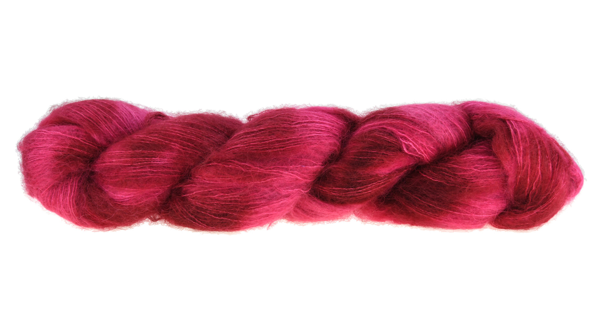A twisted hank of mohair hand-dyed yarn in colorway Pomegranate featuring layered bright and dark saturated pink tones, ideal for vibrant handmade creations.