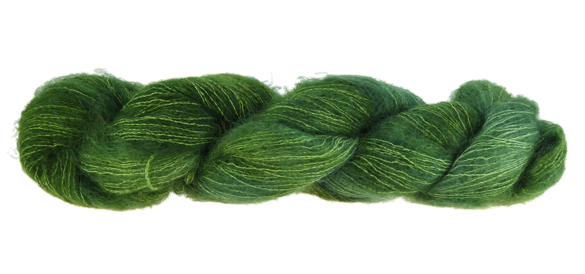 A twisted skein of Barn Yarn mohair yarn in colorway I’m Swamped!; a rich mossy green shade, perfect for earthy knitting and crochet projects.