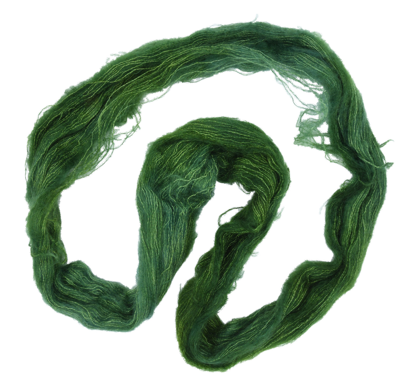 An unfolded skein of Barn Yarn mohair yarn in colorway I’m Swamped!; a rich mossy green shade, perfect for earthy knitting and crochet projects.