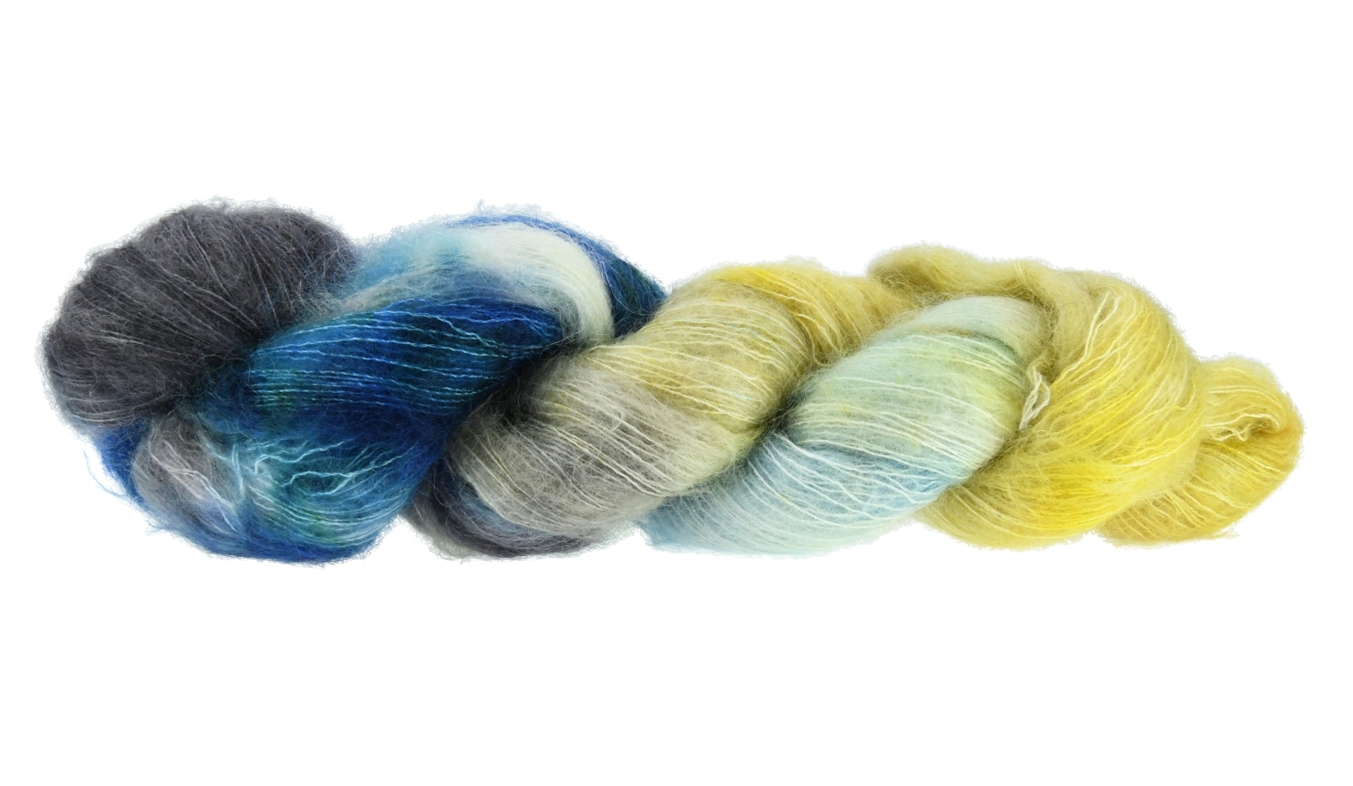 A twisted skein of Barn Yarn hand-dyed mohair yarn in colorway Beehive featuring golden yellow, soft gray and blue tones, perfect for warm and vibrant knitting and crochet projects.