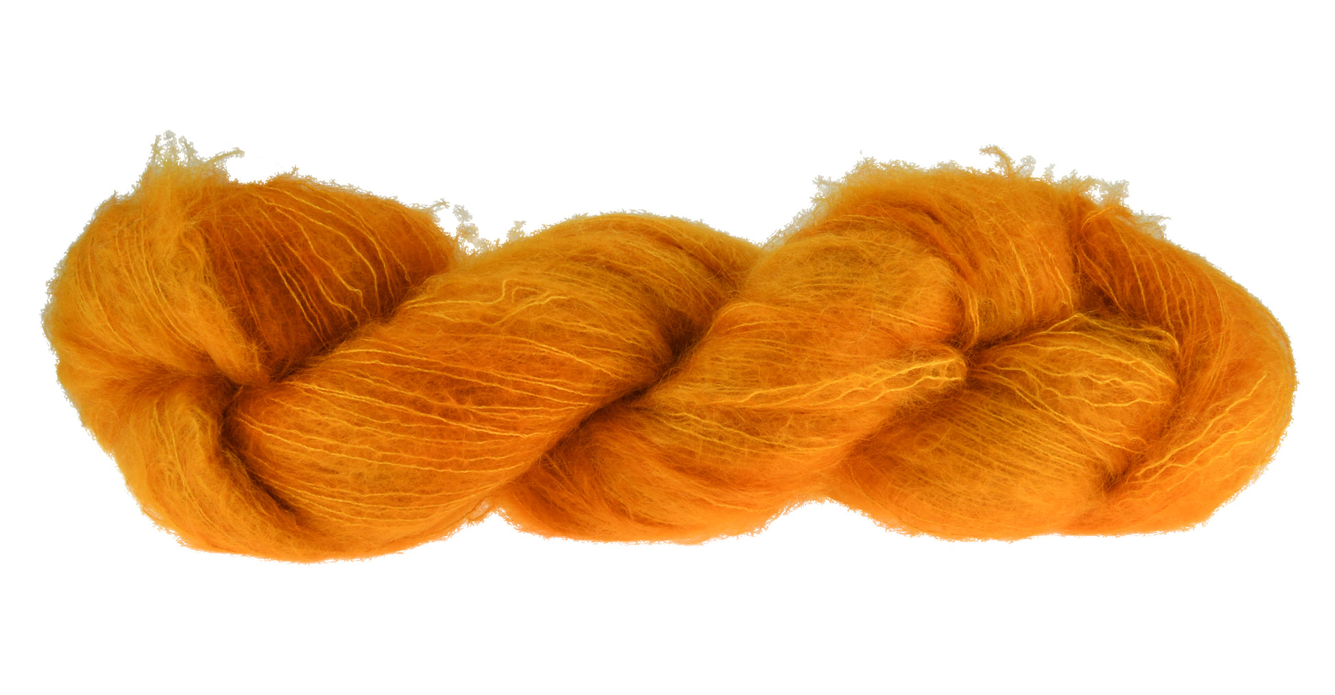 A twisted skein of Barn Yarn hand-dyed mohair yarn in colorway Golden Era, a radiant golden yellow shade, perfect for warm and luxurious knitting and crochet projects.