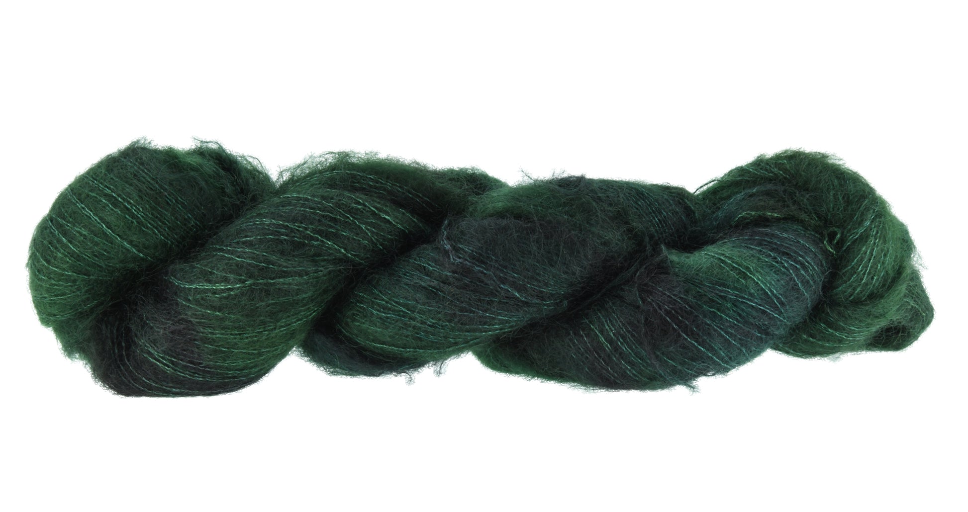 A twisted skein of Barn Yarn hand-dyed mohair yarn in colorway Holly Leaves, a classic evergreen with deep, saturated tones perfect for all knit and crochet projects.