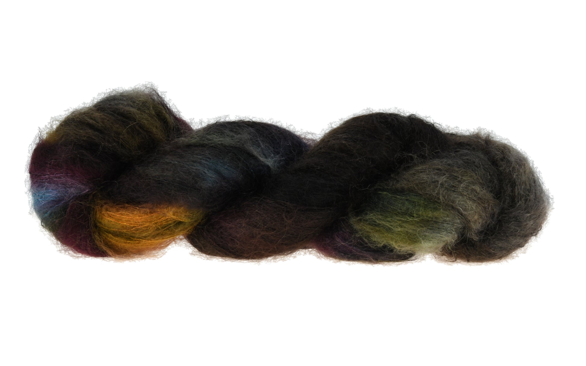 A twisted skein of Barn Yarn hand-dyed mohair yarn in colorway Imperial Pumpkin - a black base layered with pumpkin orange, plum, blue, gray, green, and warm browns. Perfect for knitting and crochet projects.