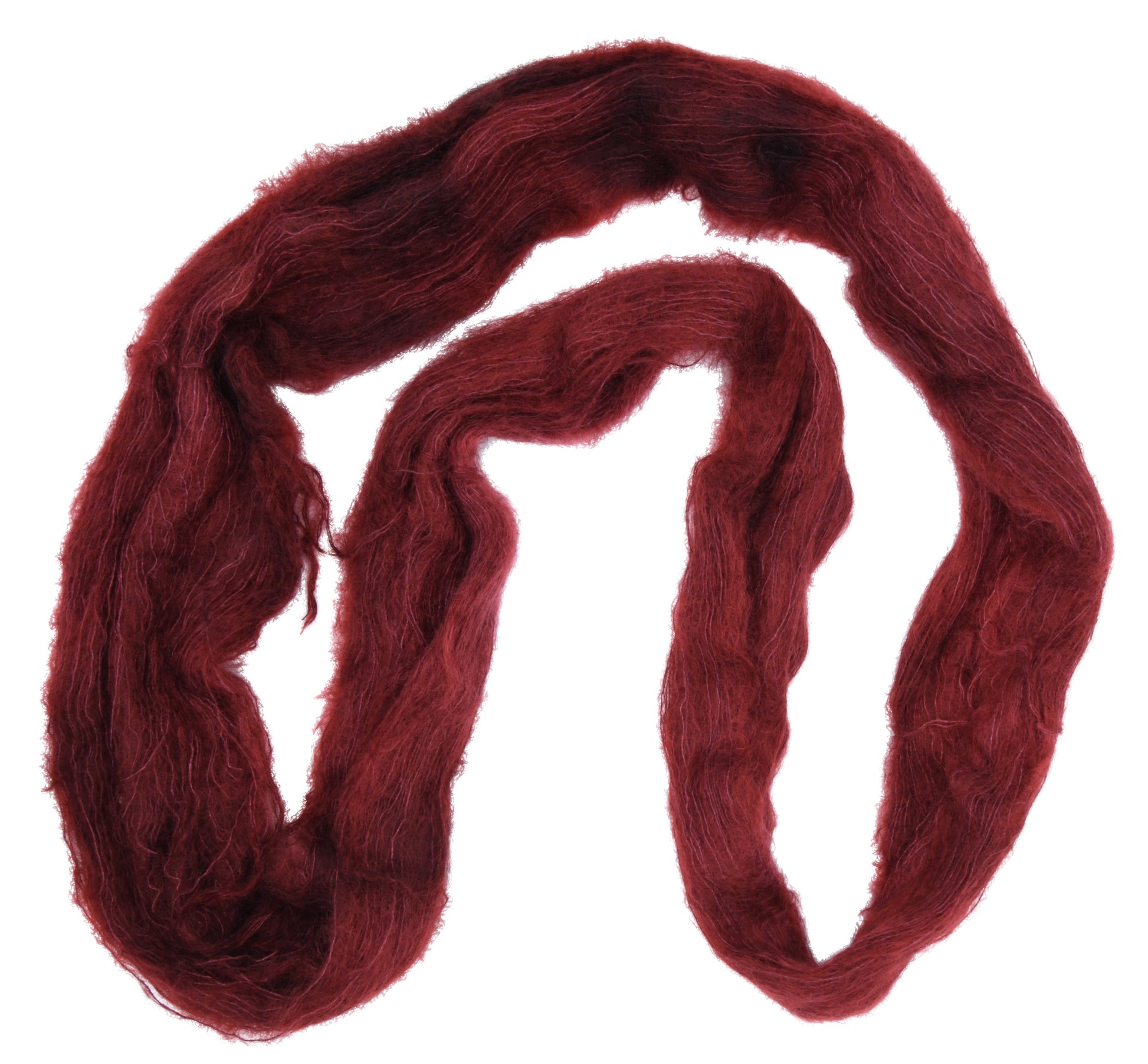 An unfolded skein of Barn Yarn hand-dyed mohair yarn in colorway Chocolate Moose; a rich, earthy brown shade, perfect for warm and cozy knitting and crochet projects.