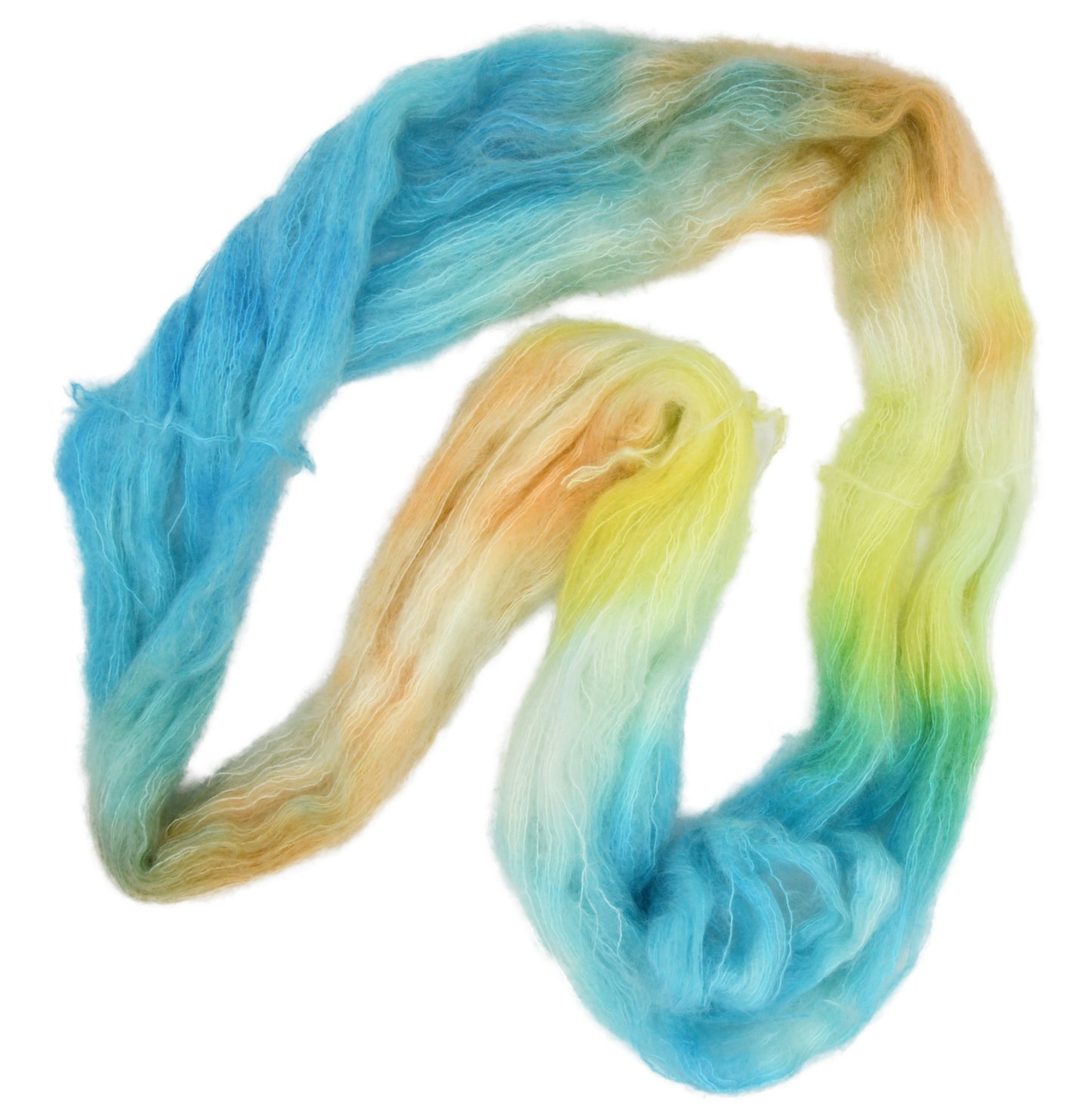 An unfolded skein of Barn Yarn hand-dyed mohair yarn in colorway Down by the Seaside with breezy blues, sandy neutrals, and sea-glass greens, perfect  knitting and crochet.