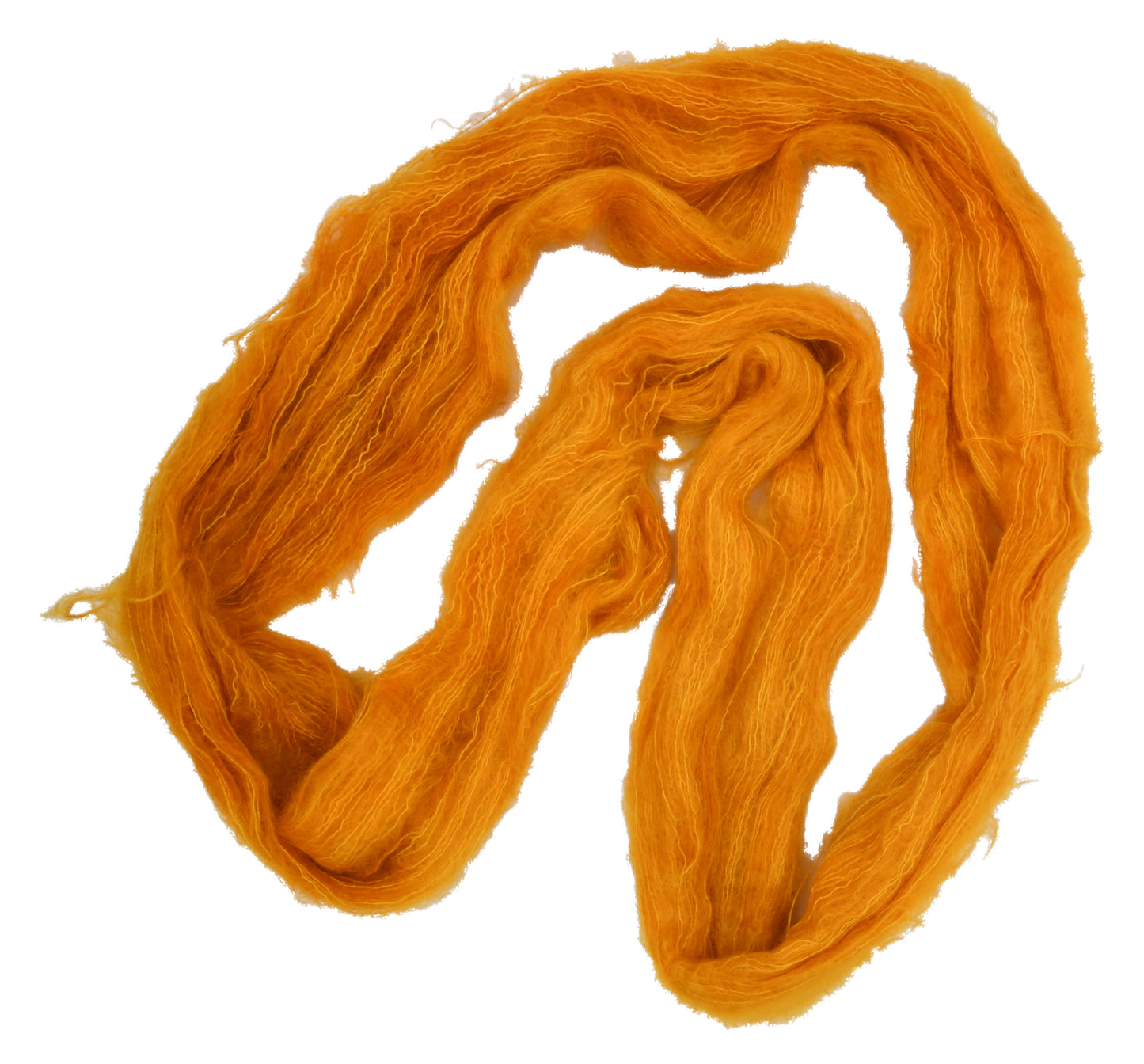 An unfolded skein of Barn Yarn hand-dyed mohair yarn in colorway Golden Era, a radiant golden yellow shade, perfect for warm and luxurious knitting and crochet projects.