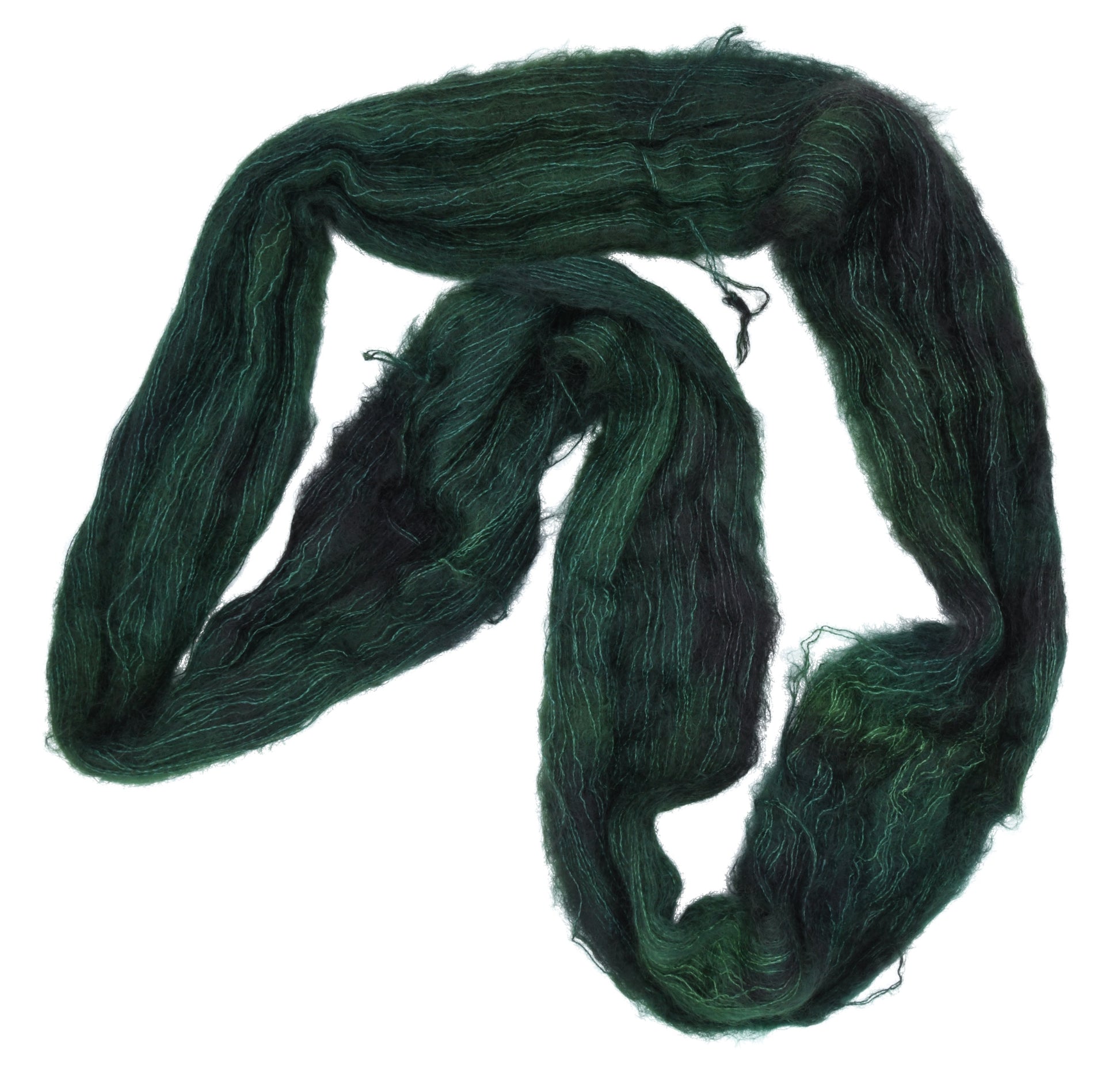 An unfolded skein of Barn Yarn hand-dyed mohair yarn in colorway Holly Leaves, a classic evergreen with deep, saturated tones perfect for all knit and crochet projects.