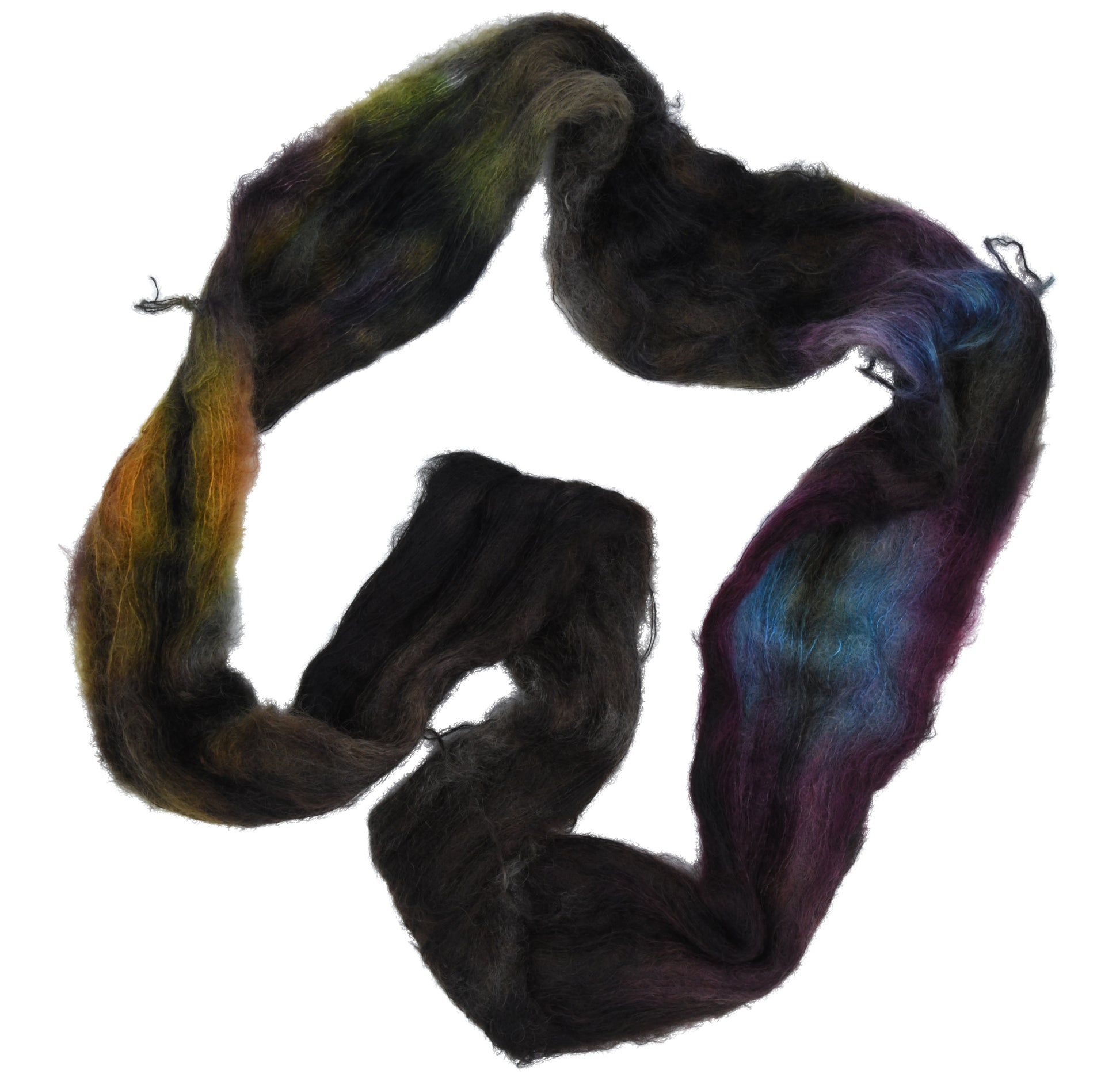 An unfolded skein of Barn Yarn hand-dyed mohair yarn in colorway Imperial Pumpkin - a black base layered with pumpkin orange, plum, blue, gray, green, and warm browns. Perfect for knitting and crochet projects.