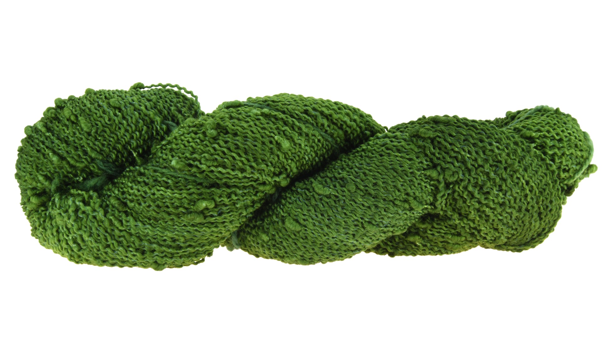 A twisted skein of Barn Yarn slub yarn in colorway I’m Swamped!; a rich mossy green shade, perfect for earthy knitting and crochet projects.