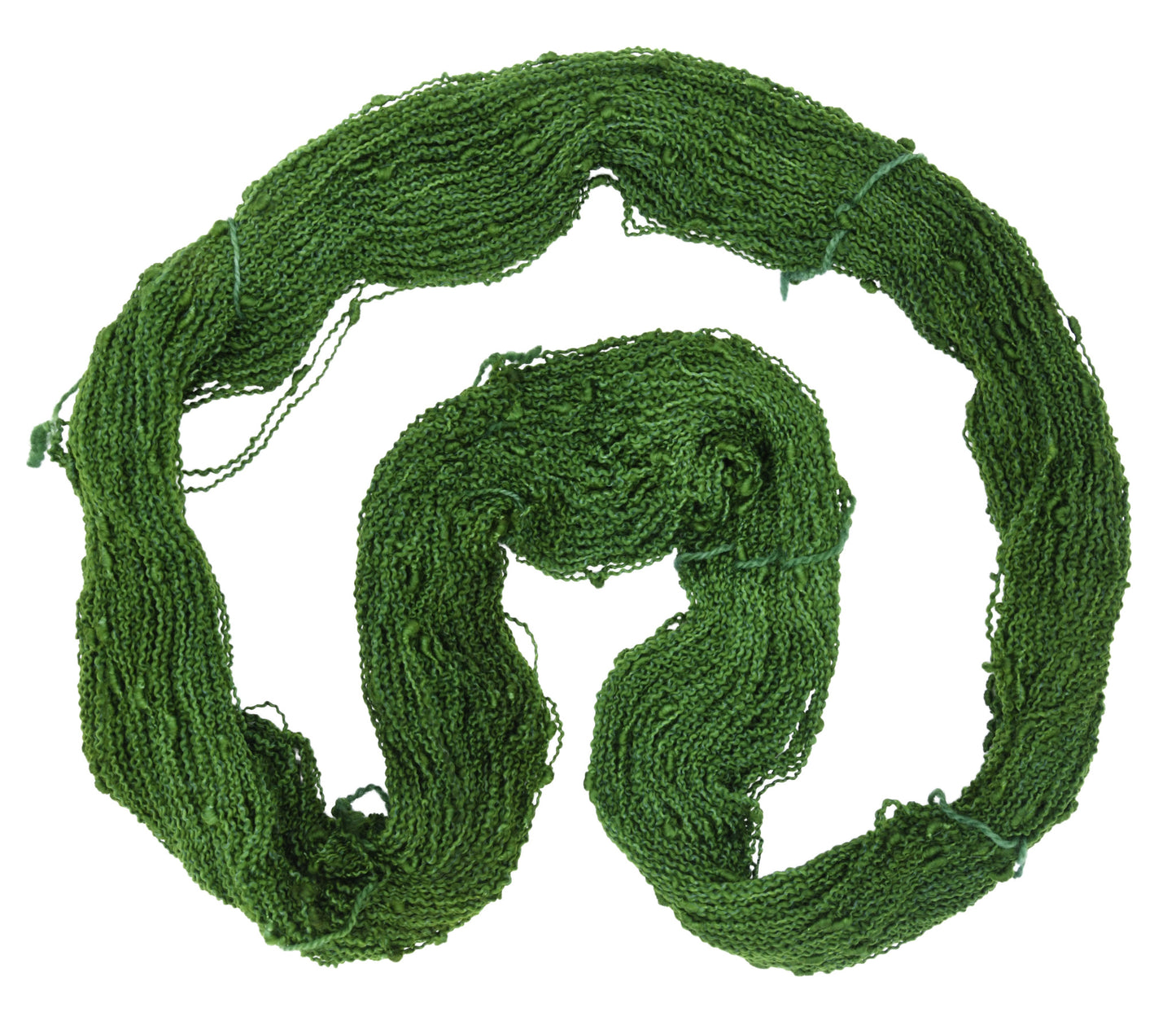 An unfolded skein of Barn Yarn slub yarn in colorway I’m Swamped!; a rich mossy green shade, perfect for earthy knitting and crochet projects.