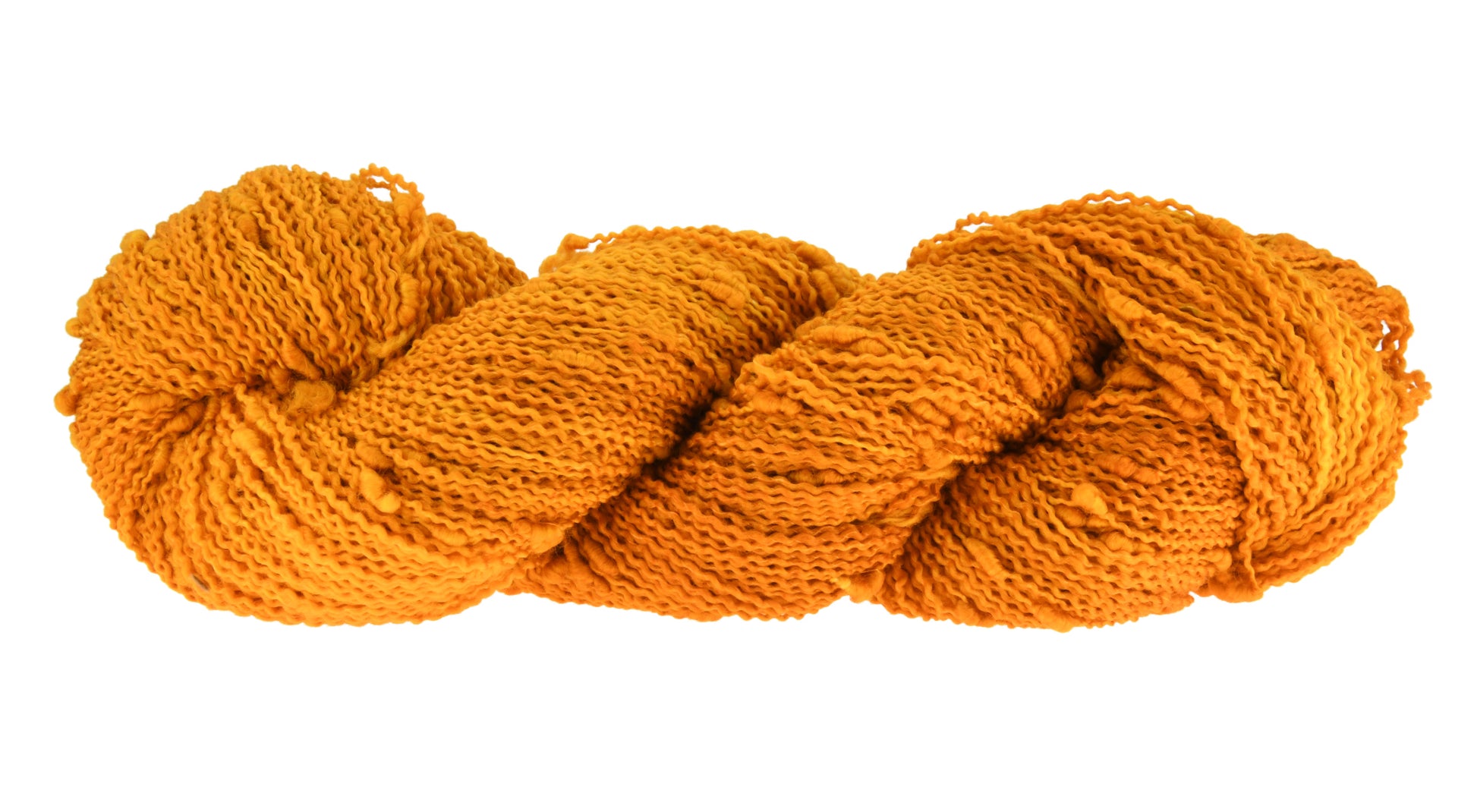 A twisted skein of Barn Yarn hand-dyed slub yarn in colorway Golden Era, a radiant golden yellow shade, perfect for warm and luxurious knitting and crochet projects.