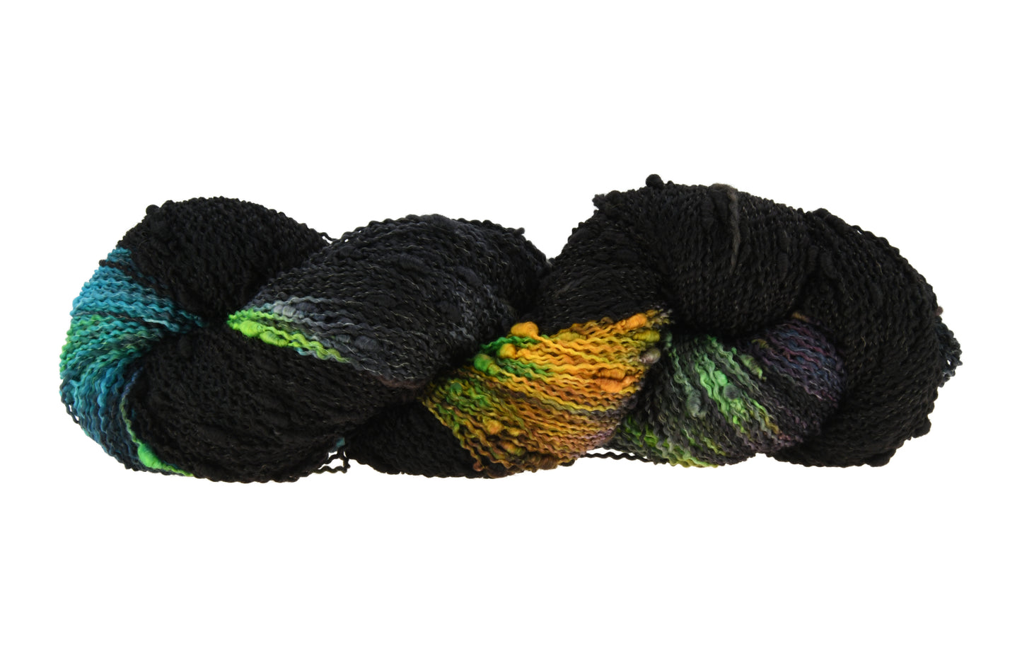 A twisted skein of Barn Yarn hand-dyed slub yarn in colorway Imperial Pumpkin - a black base layered with pumpkin orange, plum, blue, gray, green, and warm browns. Perfect for knitting and crochet projects.