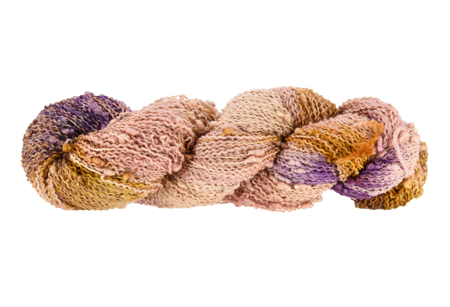 A twisted skein of Barn Yarn hand-dyed slub yarn in colorway Nougat, a light pink, toffee, and purple combination, perfect for knitting and crochet projects.