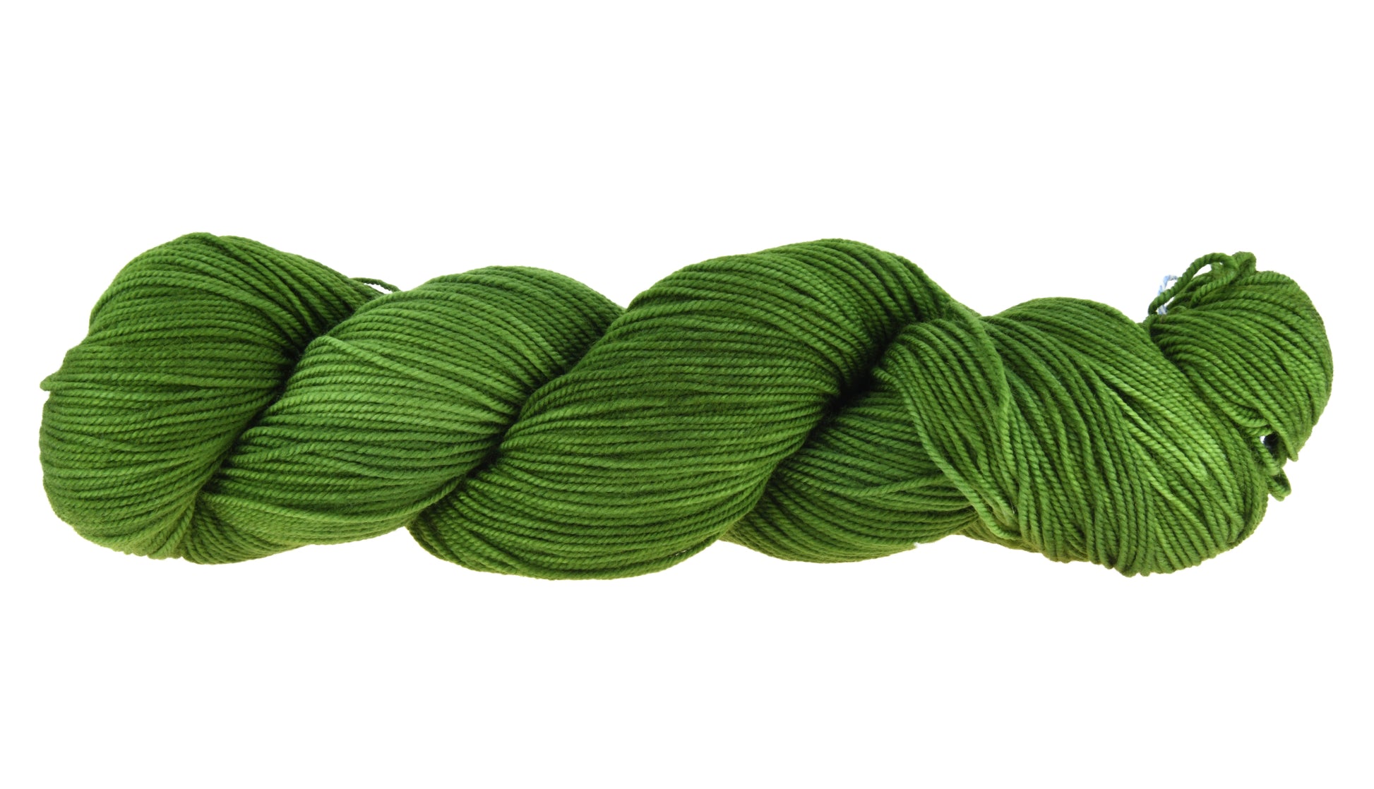 A twisted skein of Barn Yarn sport weight yarn in colorway I’m Swamped!; a rich mossy green shade, perfect for earthy knitting and crochet projects.