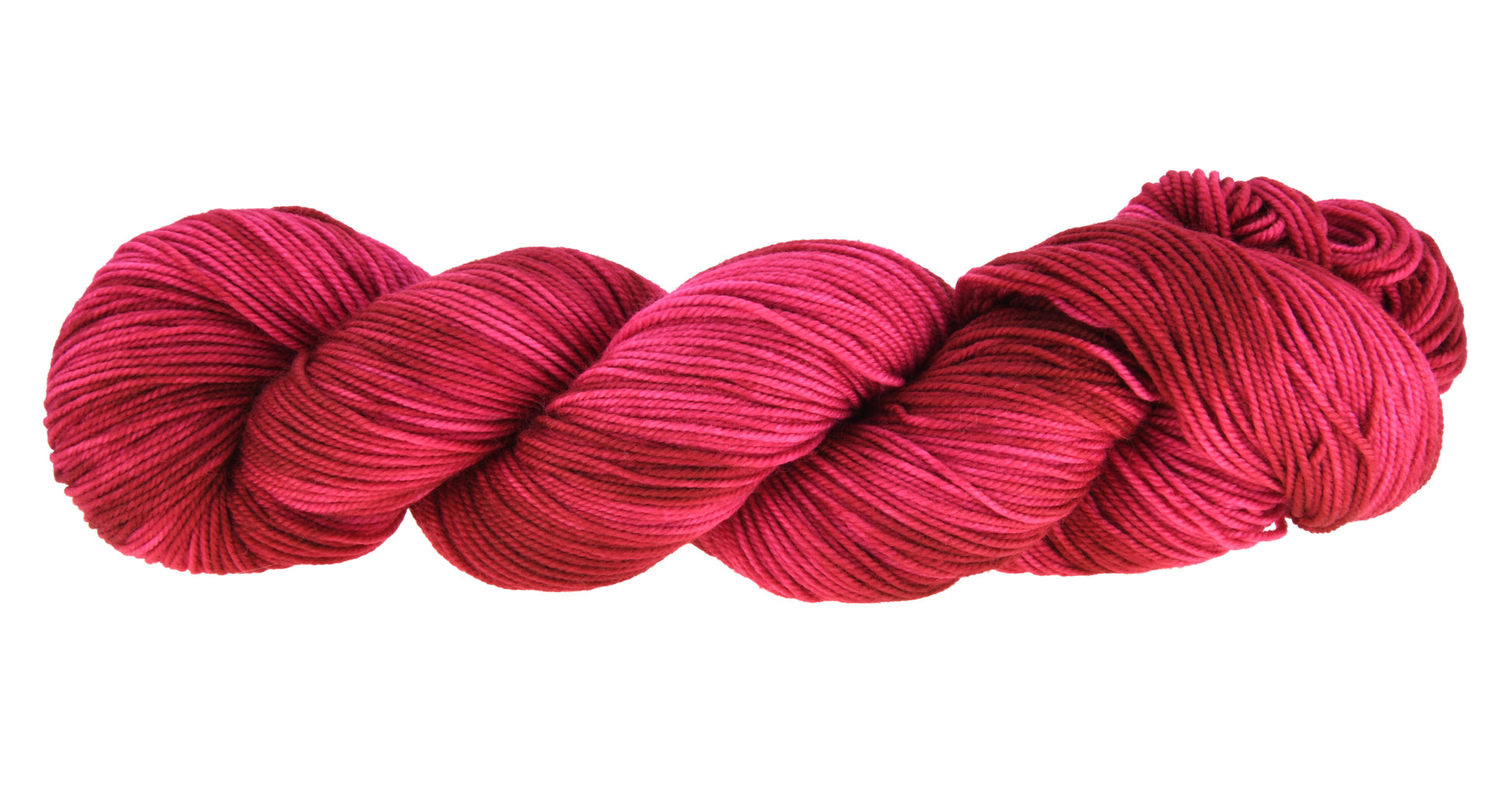A twisted hank of sport weight hand-dyed yarn in colorway Pomegranate featuring layered bright and dark saturated pink tones, ideal for vibrant handmade creations.