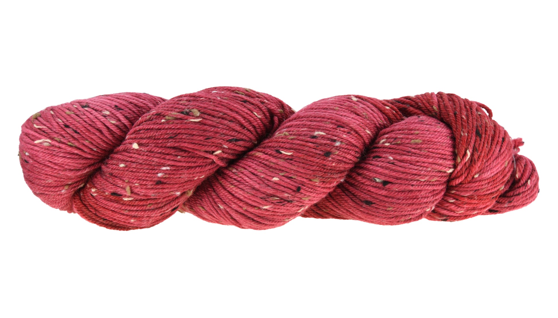 A twisted hank of tweed DK weight hand-dyed yarn in colorway Pomegranate featuring layered bright and dark saturated pink tones, ideal for vibrant handmade creations.