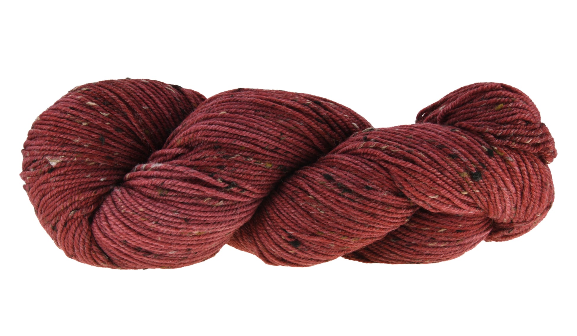 A twisted skein of Barn Yarn hand-dyed tweed DK weight yarn in colorway Chocolate Moose; a rich, earthy brown shade, perfect for warm and cozy knitting and crochet projects.