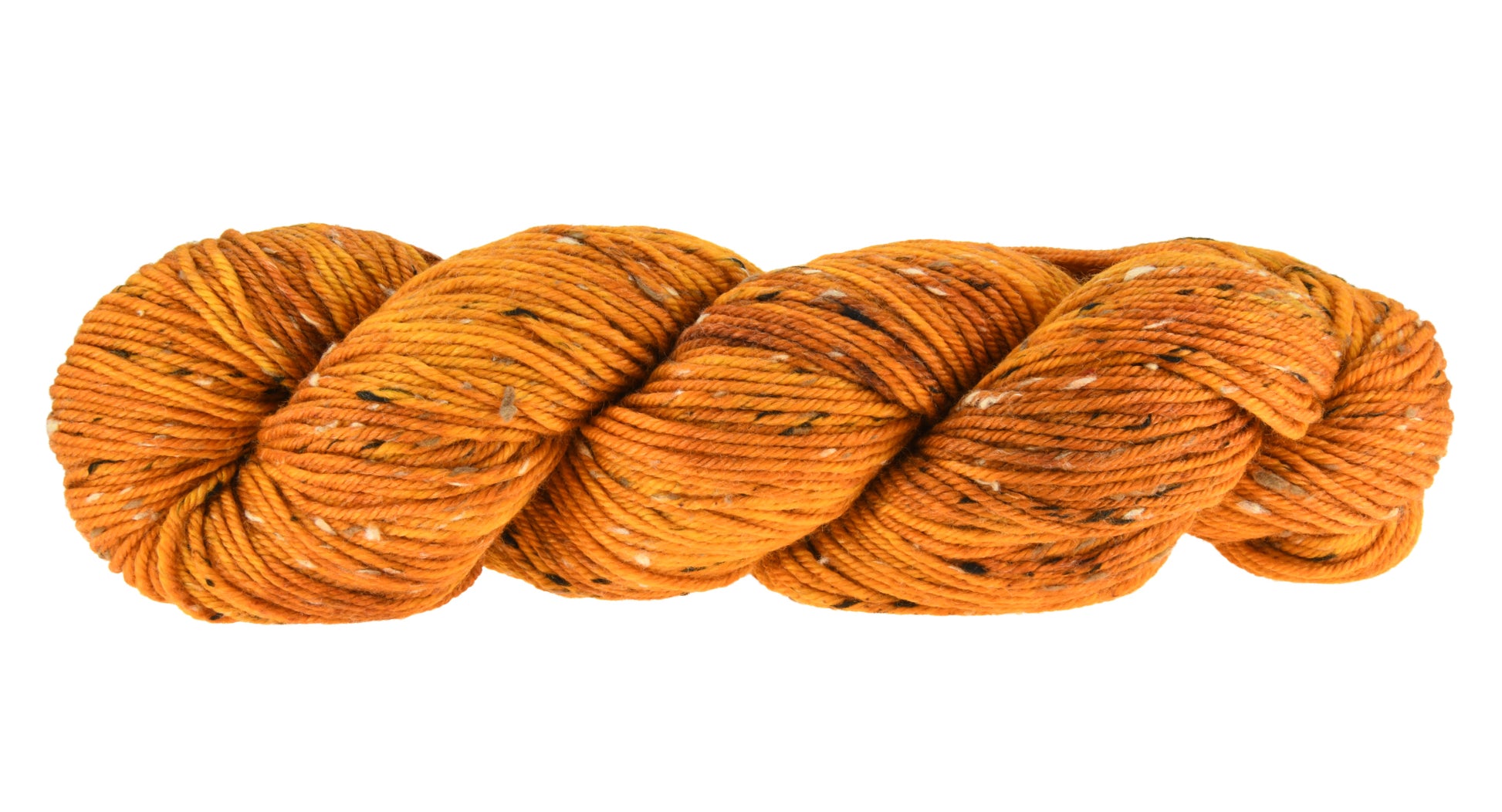 A twisted skein of Barn Yarn hand-dyed tweed DK weight yarn in colorway Golden Era, a radiant golden yellow shade, perfect for warm and luxurious knitting and crochet projects.