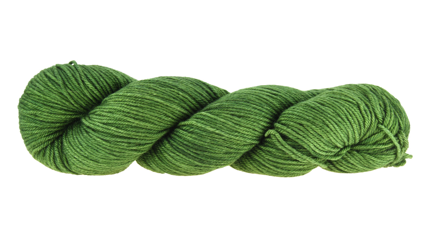 A twisted skein of Barn Yarn worsted weight yarn in colorway I’m Swamped!; a rich mossy green shade, perfect for earthy knitting and crochet projects.