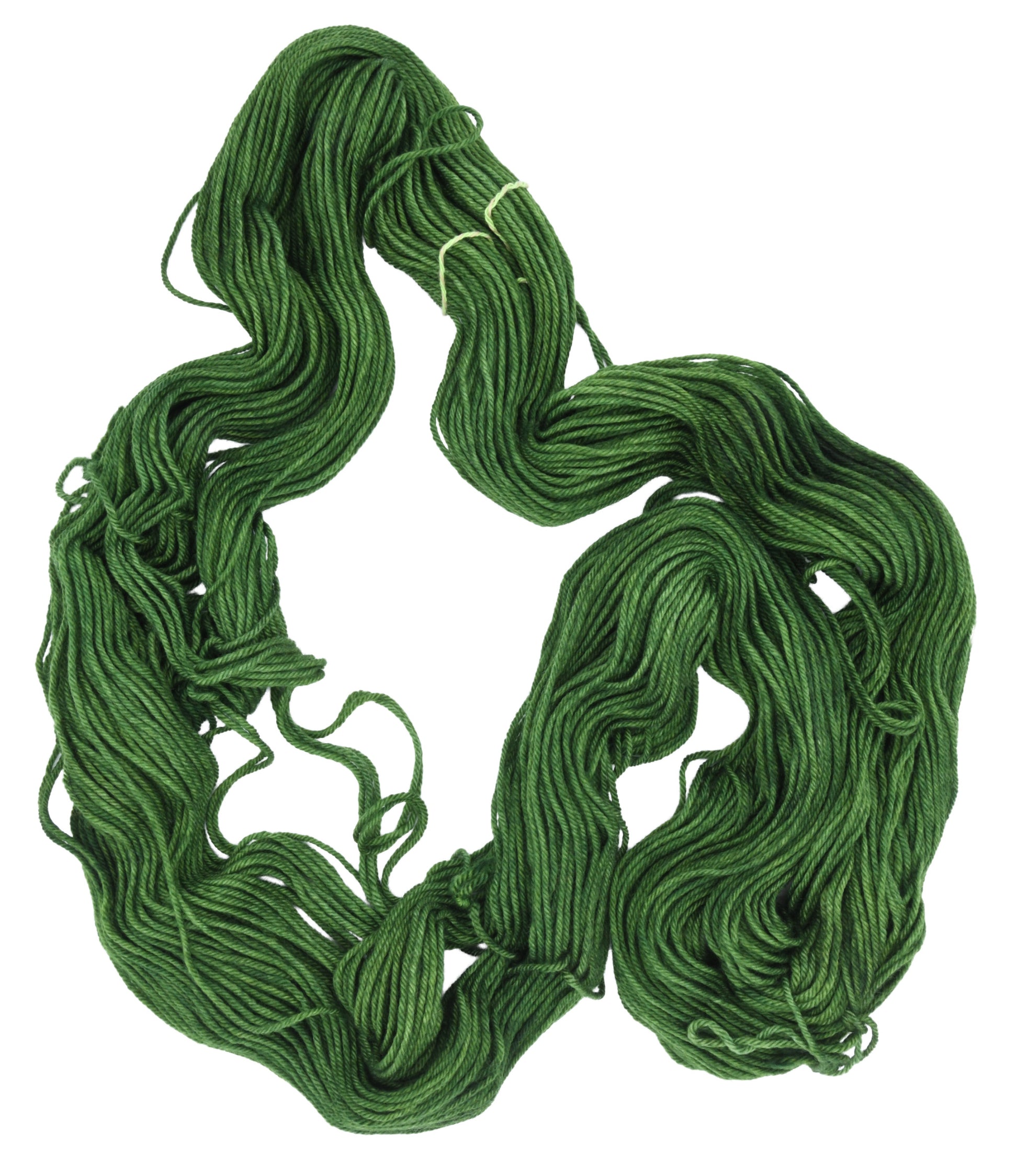 An unfolded skein of Barn Yarn worsted weight yarn in colorway I’m Swamped!; a rich mossy green shade, perfect for earthy knitting and crochet projects.