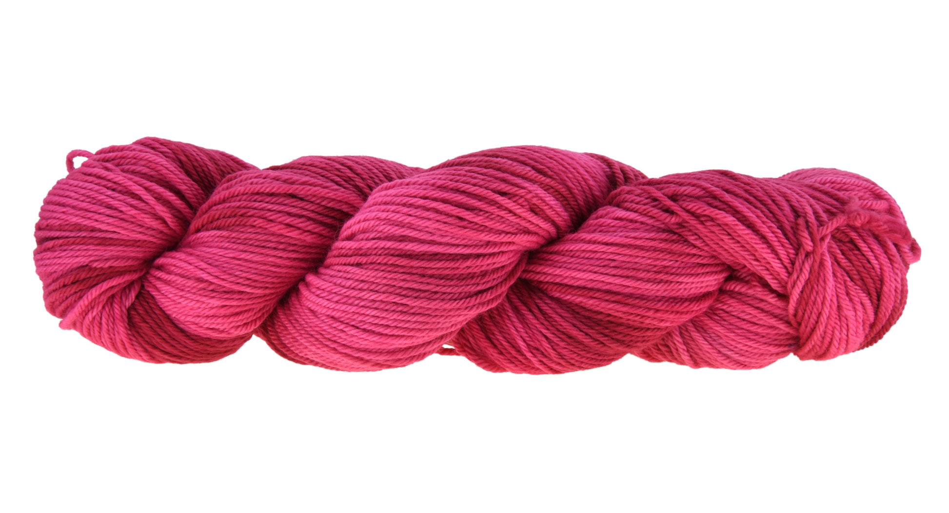 A twisted hank of worsetd weight hand-dyed yarn in colorway Pomegranate featuring layered bright and dark saturated pink tones, ideal for vibrant handmade creations.
