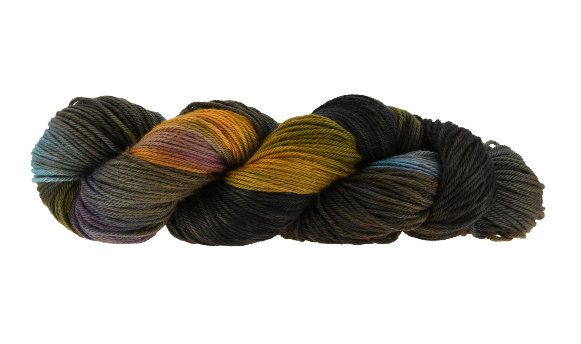 A twisted skein of Barn Yarn hand-dyed worsted weight yarn in colorway Imperial Pumpkin - a black base layered with pumpkin orange, plum, blue, gray, green, and warm browns. Perfect for knitting and crochet projects.