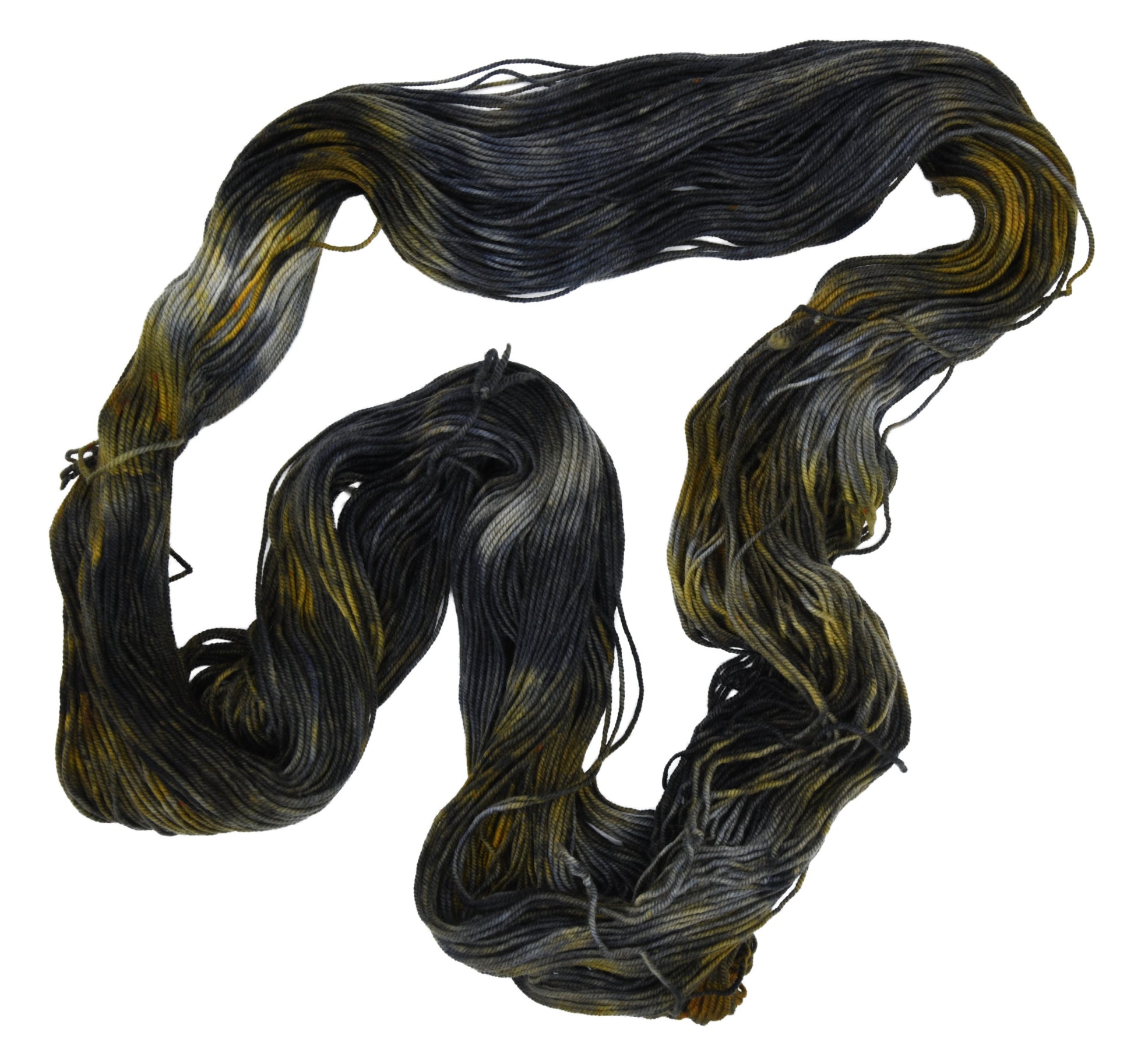 Barn Yarn Tabby Cat DK weight hand-dyed yarn—unfolded hank showcasing multi-tonal blend of black, gray, toffee and cream in a tabby cat inspired colorway.