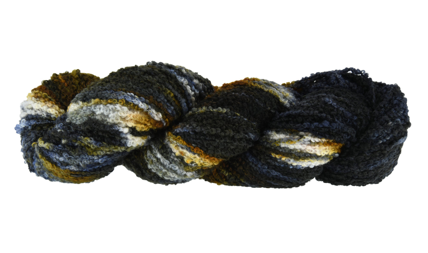 Barn Yarn Tabby Cat DK weight Boucle hand-dyed yarn—twisted hank in blended black, toffee, gray and cream ones inspired by tabby cat stripes.