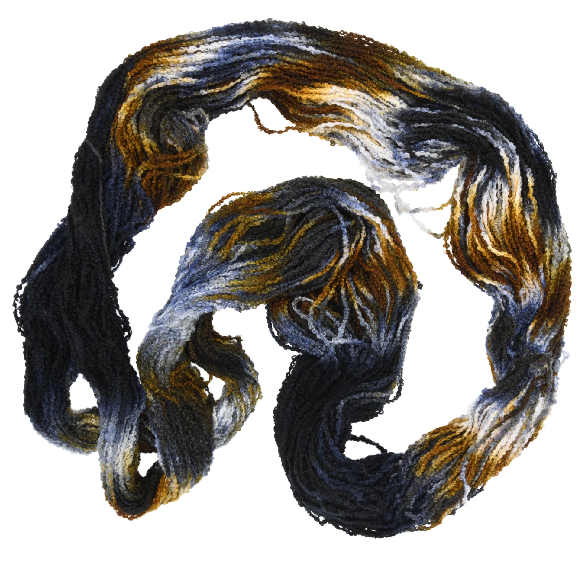 Barn Yarn Tabby Cat DK weight Boucle hand-dyed yarn—unfolded hank showcasing multi-tonal blend of black, gray, toffee and cream in a tabby cat inspired colorway.