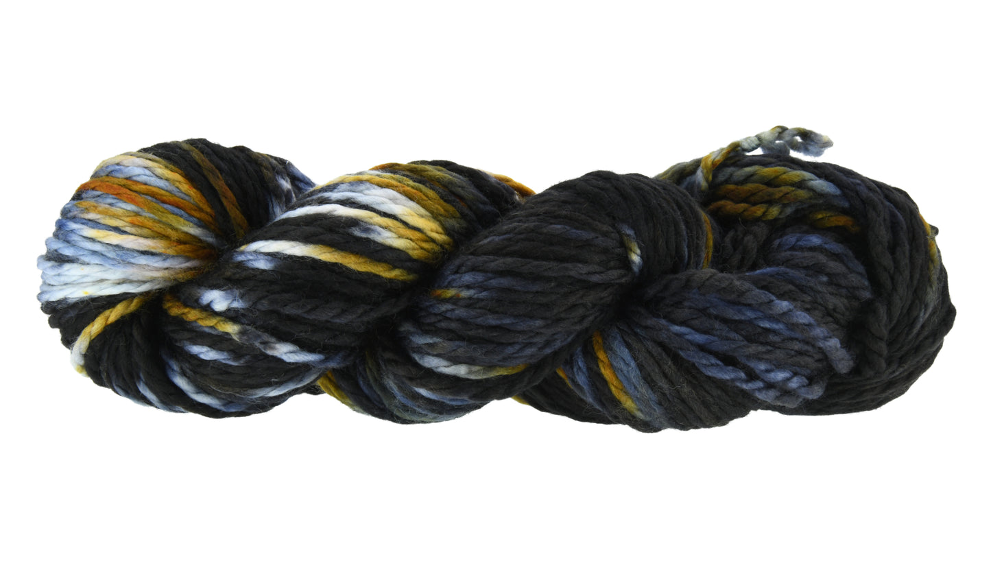 Barn Yarn Tabby Cat Bulky weight hand-dyed yarn—twisted hank in blended black, toffee, gray and cream ones inspired by tabby cat stripes.