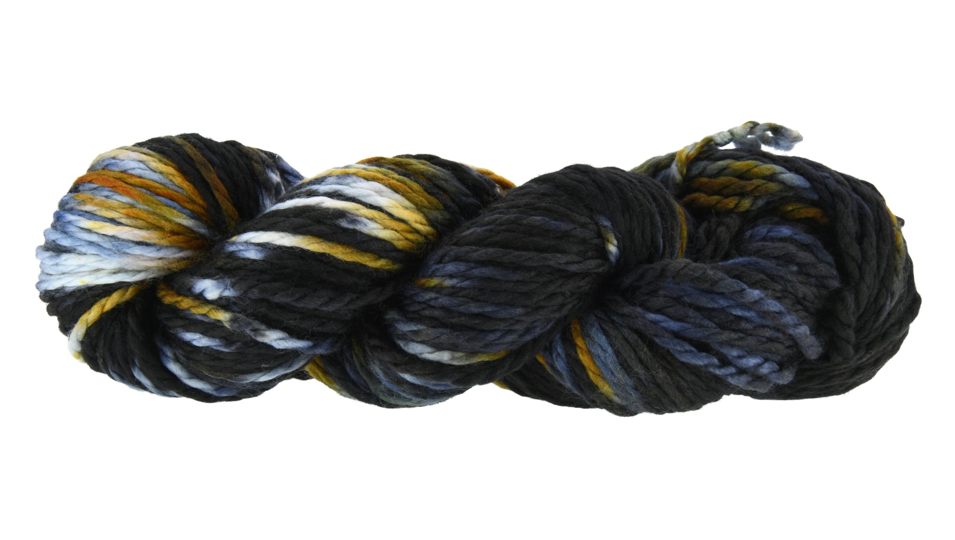 Barn Yarn Tabby Cat Bulky weight hand-dyed yarn—twisted hank in blended black, toffee, gray and cream ones inspired by tabby cat stripes.