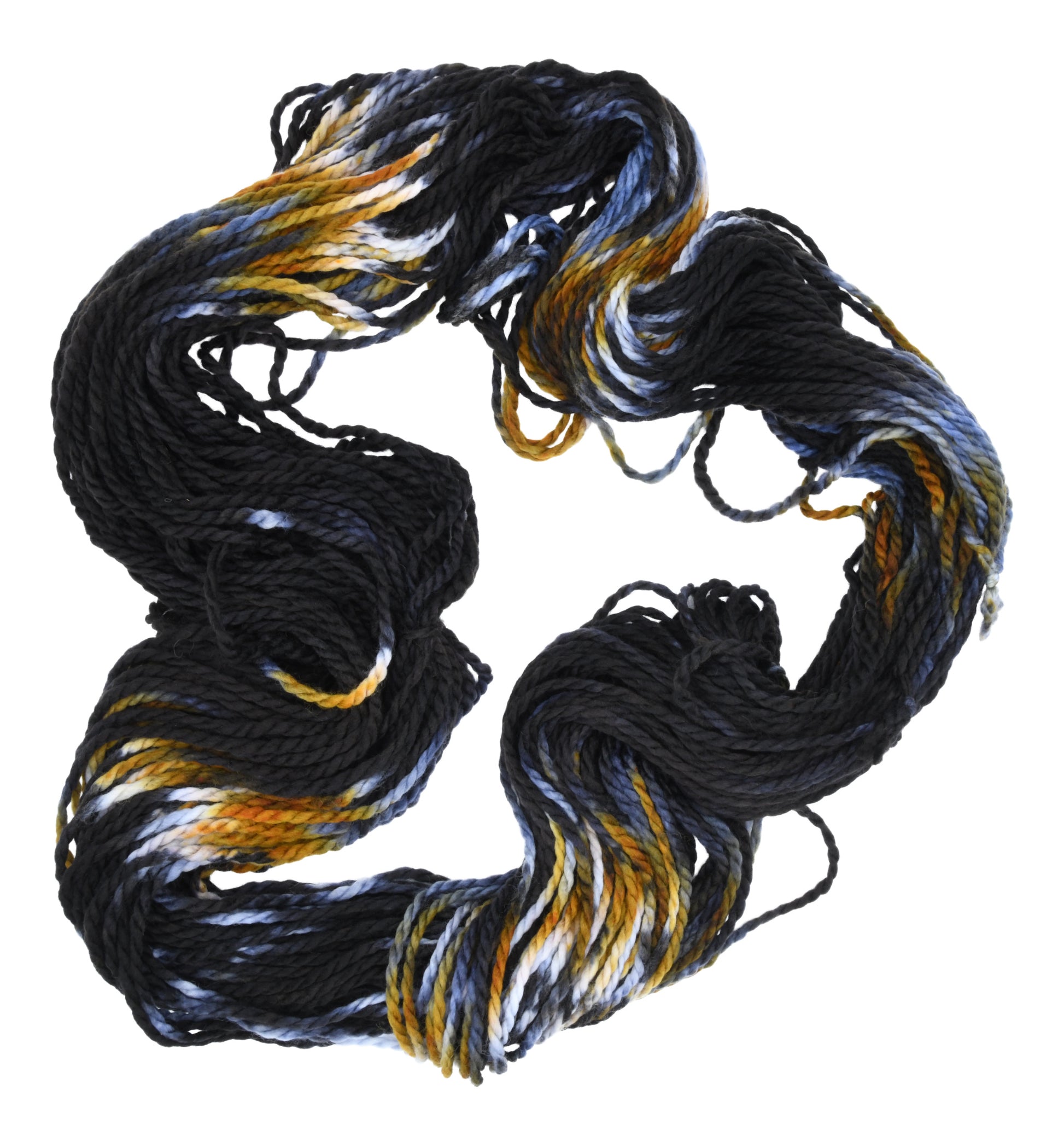 Barn Yarn Tabby Cat Bulky weight hand-dyed yarn—unfolded hank showcasing multi-tonal blend of black, gray, toffee and cream in a tabby cat inspired colorway.