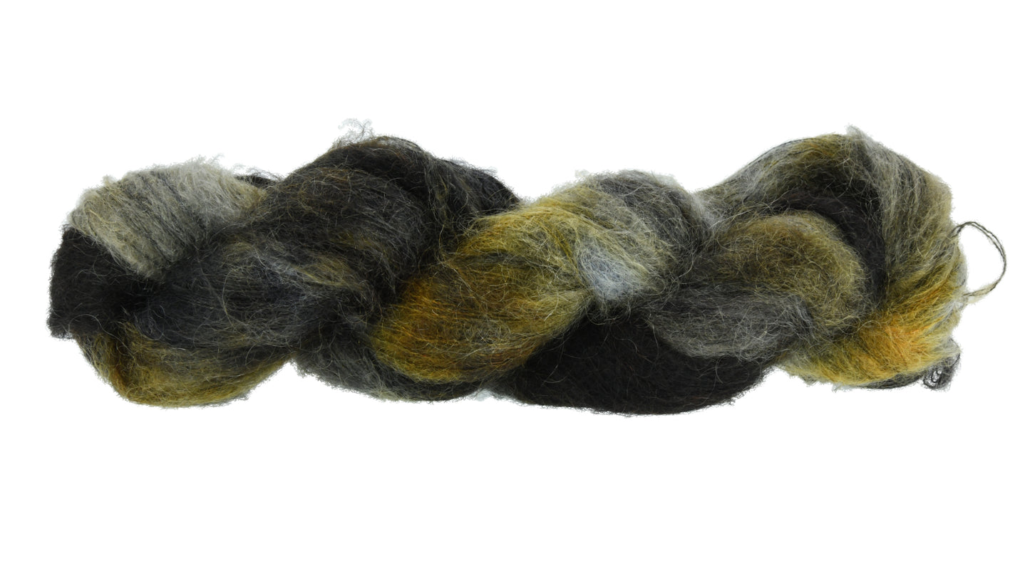 Barn Yarn Tabby Cat lace weight mohair hand-dyed yarn—twisted hank in blended black, toffee, gray and cream ones inspired by tabby cat stripes.