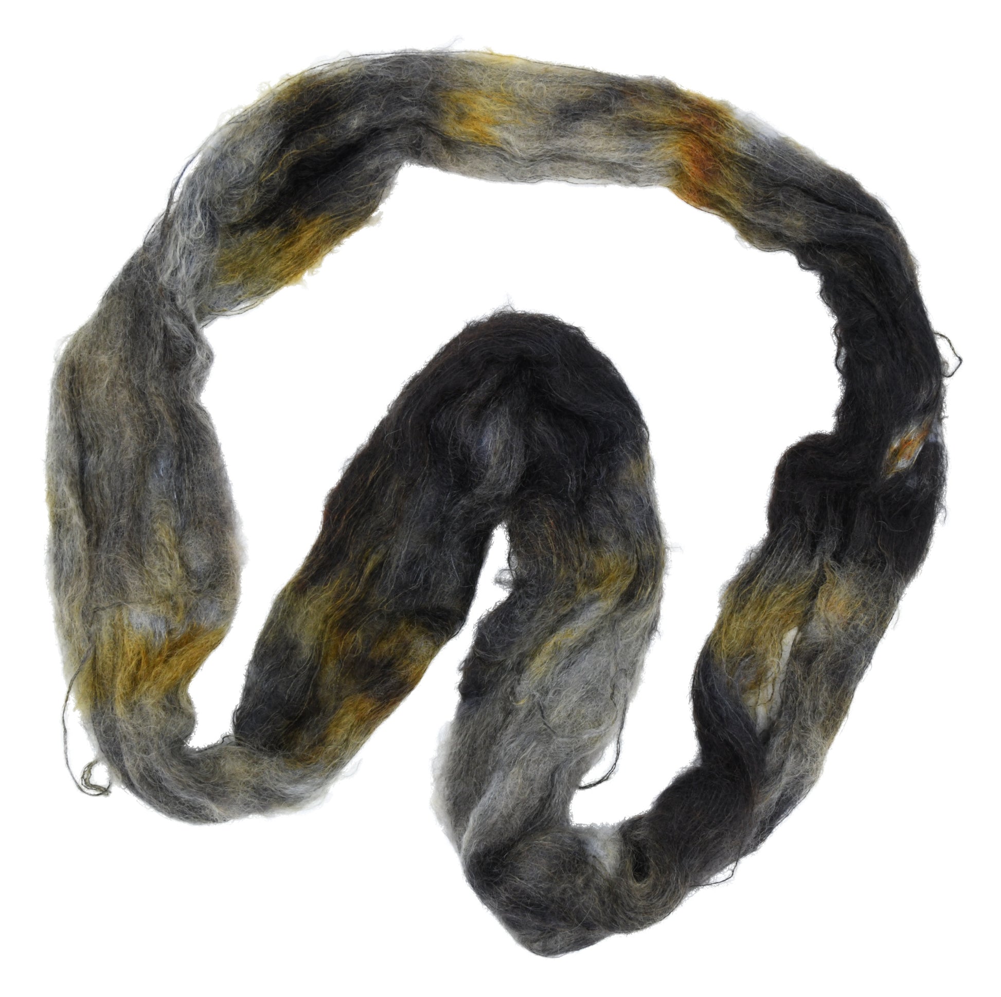 Barn Yarn Tabby Cat lace weight bulky hand-dyed yarn—unfolded hank showcasing multi-tonal blend of black, gray, toffee and cream in a tabby cat inspired colorway.