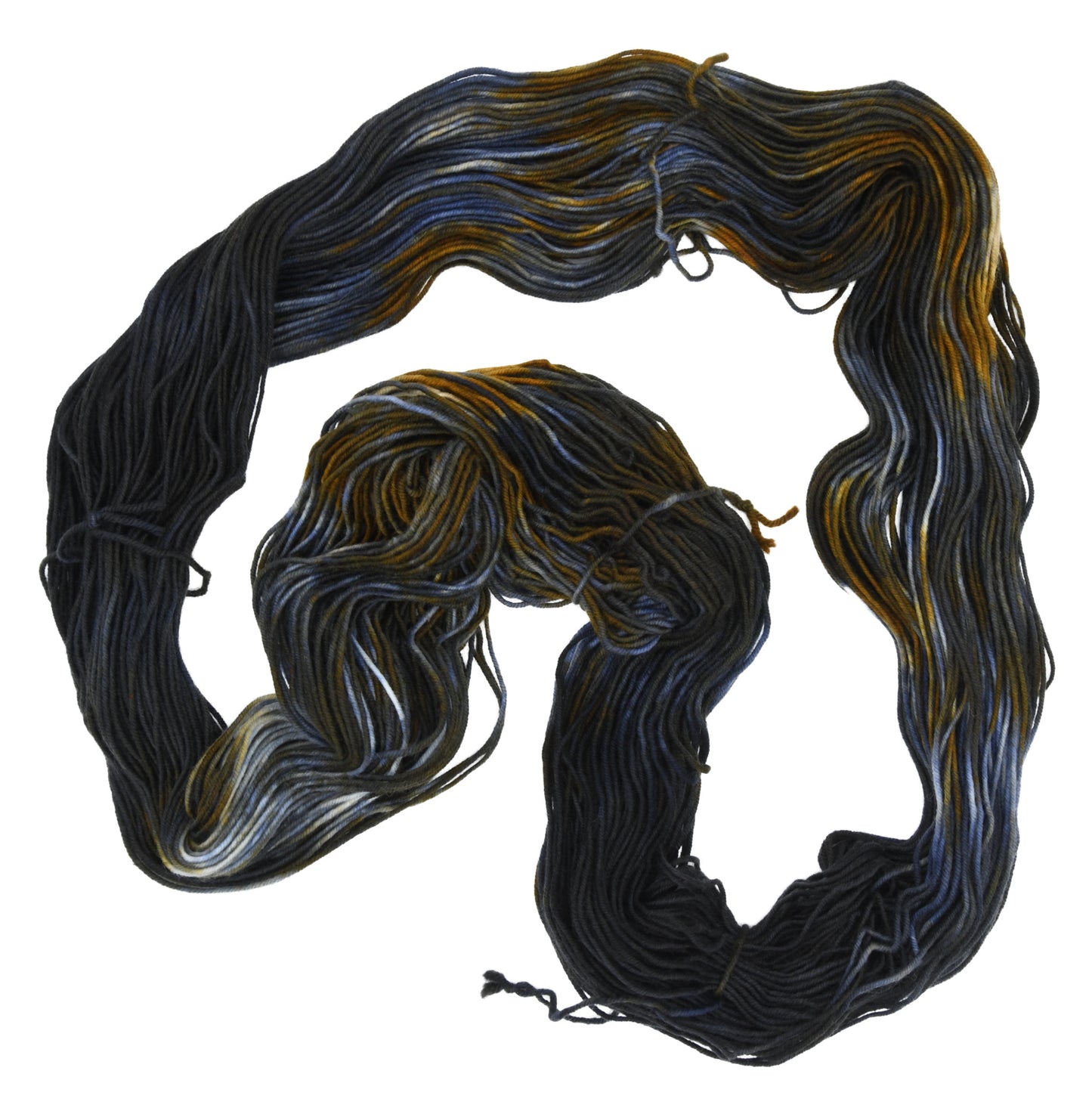 Barn Yarn Tabby Cat sport weight hand-dyed yarn—unfolded hank showcasing multi-tonal blend of black, gray, toffee and cream in a tabby cat inspired colorway.