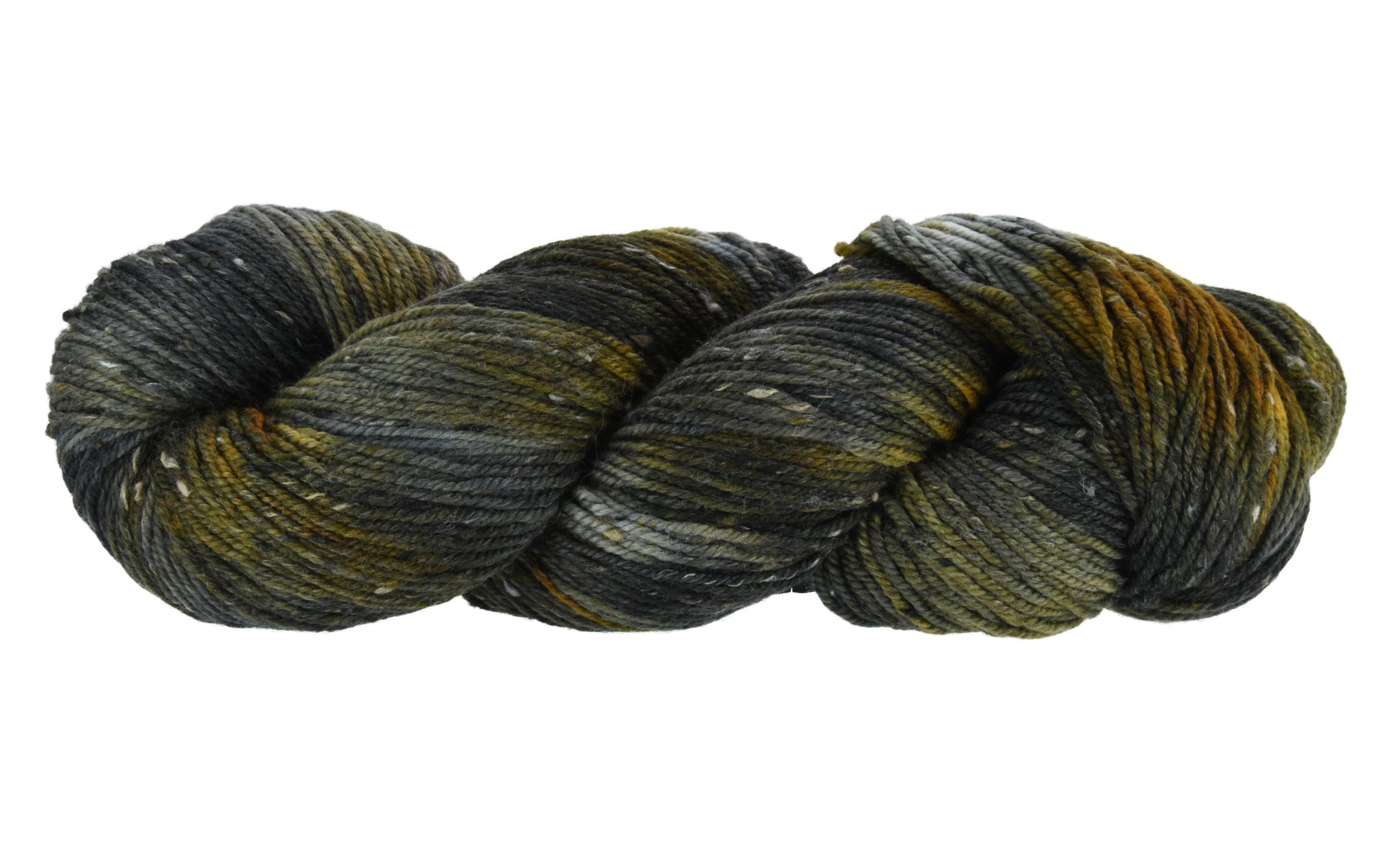 Barn Yarn Tabby Cat DK weight Tweed hand-dyed yarn—twisted hank in blended black, toffee, gray and cream ones inspired by tabby cat stripes.