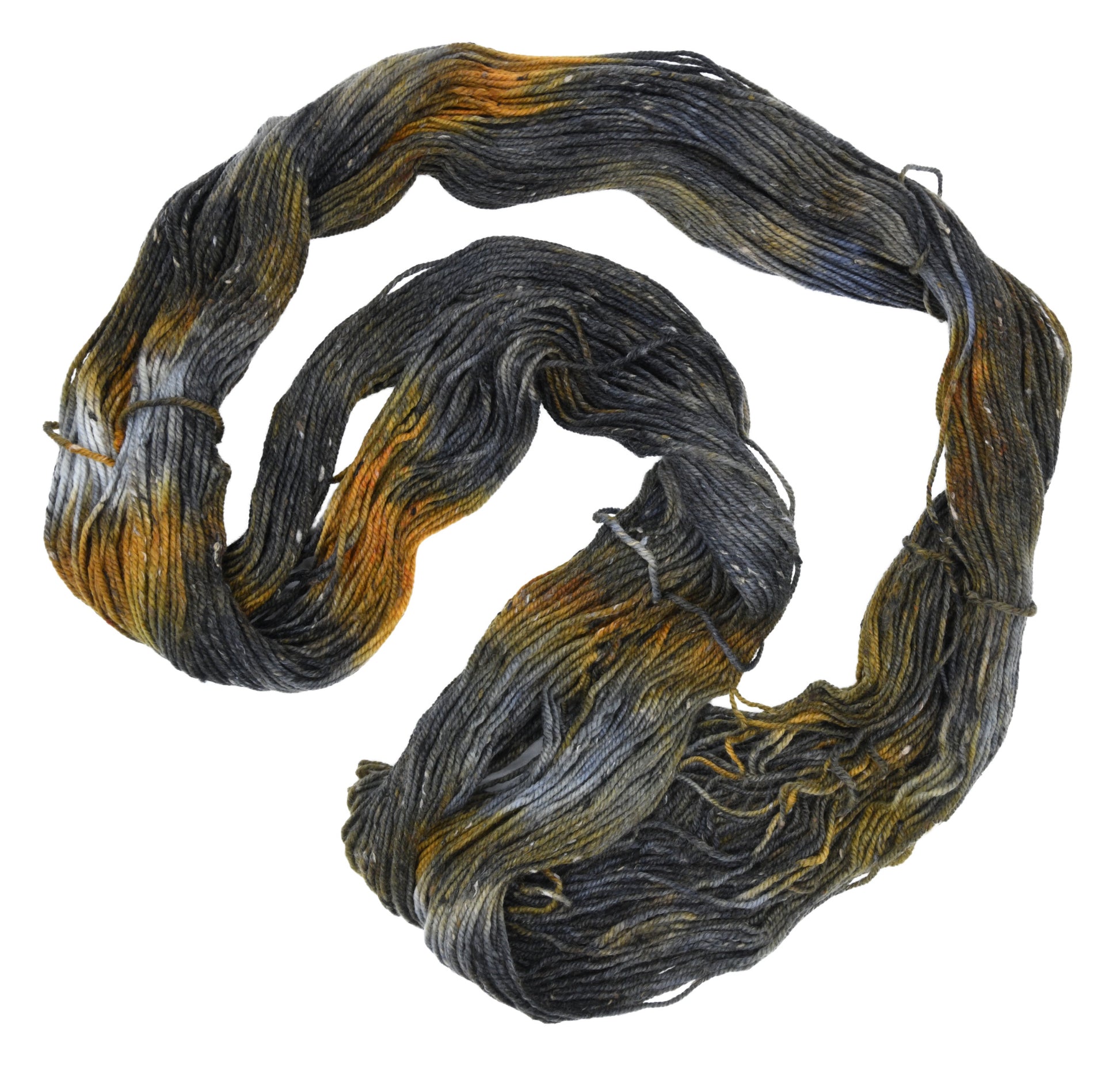 Barn Yarn Tabby Cat DK weight Tweed hand-dyed yarn—unfolded hank showcasing multi-tonal blend of black, gray, toffee and cream in a tabby cat inspired colorway.